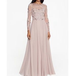 Xscape Illusion Crew Neck Long Sleeve Floral Beaded Bodice Chiffon Gown in Taupe